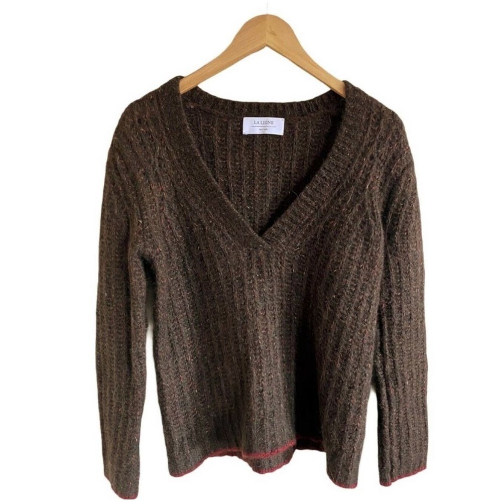 LA LIGNE Brown Sweater Fuzzy Wuzzy Pullover V-Neck Alpaca Cotton Wool Red Trim S - Picture 11 of 12